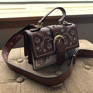 brown floral embroidered crossbody bag